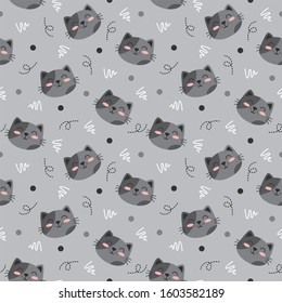 Cute grey cat head animal pattern with dot and line Vector on grey background, good for fabric, print and other uses.