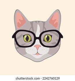 Cute grey cat head with black glasses cartoon illustration. Stylish animal face or muzzle. Hipster kitten wearing modern or trendy accessory. Pet, fashion concept
