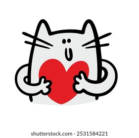 Cute grey cat is holding a big red heart in his hands. Vector illustration of an animal in love. Kitten Valentine's Day greeting card. Doodle romantic pet on a white background.