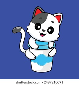 Cute Grey Cat Hug Coffee Cup Cartoon Vector Icon Illustration Animal Drink Icon Isolated Flat Vector With Dark Blue Background