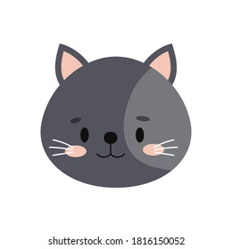 Cute grey cat or kitten head with spot icon isolated on white background. Pet portrait logo. Vector face of outbred or domestic kitty animal character illustration in cartoon flat style. 