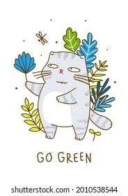 Cute grey cat with leaves - cartoon character for summer poster design