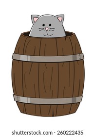 cute grey cat looking out a wooden barrel