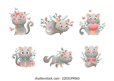 Cute Grey Cat with Neck Collar Sitting in Flowers with Heart and Gift Box Vector Set