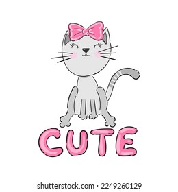 Cute grey cat on white background with lettering. T-shirt graphics design for kids.