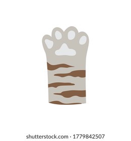 Cute grey cat paw with brown stripes - doodle drawing of feline animal's foot with little toe beans. Flat vector illustration isolated on white background.