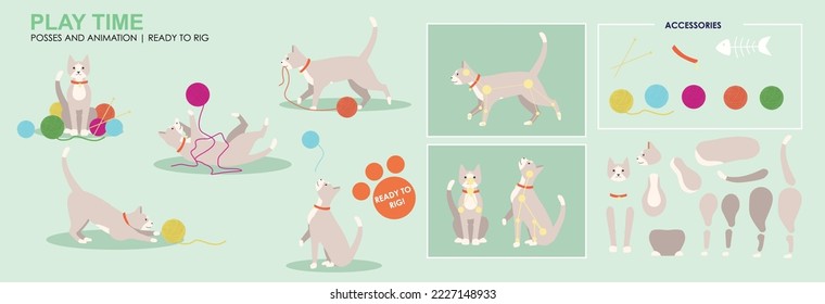 Cute Grey cat play time, playing with balls of wool and knitting, multiple poses, positions. Vector broken down ready to rig and animate, cartoon cat playing. knitting cat cartoon.