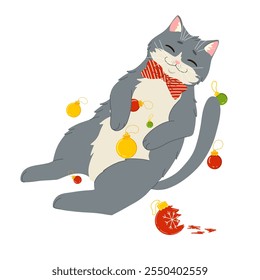 Cute grey cat playing with Christmas tree toys. Merry Christmas and Happy New Year. Vector flat cartoon illustration for stickers and prints on white background