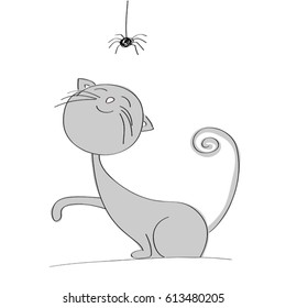 Cute grey cat playing with little black spider - original hand drawn illustration