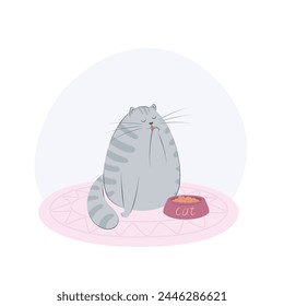 Cute grey cat sits near its bowl and washing up.Cat behavior, body language and face expressions.  Flat vector illustration of a pet