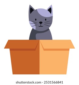 Cute grey cat is sitting inside a cardboard box looking out