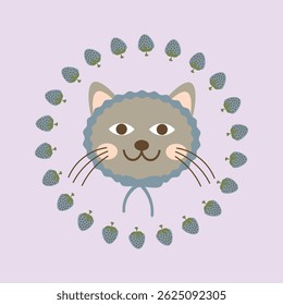 Cute grey cat with strawberries
