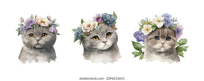 Cute grey cat watercolor isolated on white background. Set of kitty british shorthair cats with beautiful flowers. Vector illustration