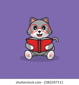 Cute Grey Cat wear glasses with book Cartoon Vector Flat Illustration Studying Animal Icon
