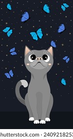 Cute grey cat with white paws sitting and watching for colorful butterflies on a starry night. Cartoon kitten character flat vector illustration