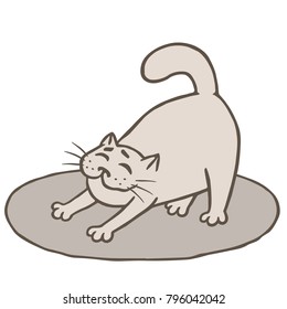 Cute grey cat woke up and stretched on mat. Vector illustration. Funny cartoon animal character.