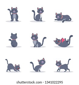 Cute grey cats vector color illustrations set. Playful and naughty kitten in different poses flat cliparts. Cartoon domestic animal character. Funny pet in pink collar isolated design elements pack