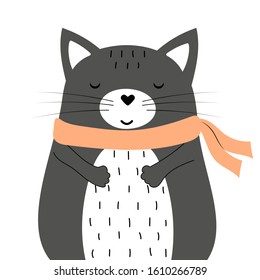 Cute grey chubby cat with scarf. Vector cartoon illustration. Isolated.