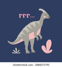 Cute grey dinosaur parasaurolopus with a crest on its head among tropical plant, isolated on blue background. Funny bipedal in flat cartoon style. Hand drawn vector illustration. Modern flat style.