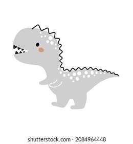 Cute grey dinosaur in scandinavian style. Funny cartoon dino for kids cards, baby shower, t-shirt, birthday invitation, house interior. Bohemian childish vector illustration.