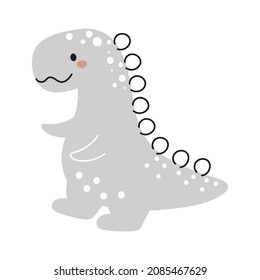 Cute grey dinosaur in scandinavian style. Funny cartoon dino for kids cards, baby shower, t-shirt, birthday invitation, house interior. Bohemian childish vector illustration.