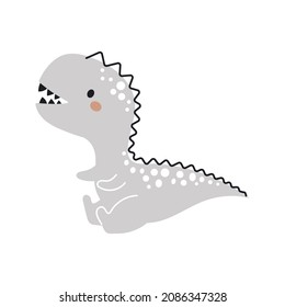 Cute grey dinosaur in scandinavian style. Funny cartoon dino for kids cards, baby shower, t-shirt, birthday invitation, house interior. Bohemian childish vector illustration.