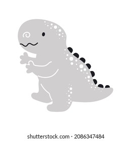 Cute grey dinosaur in scandinavian style. Funny cartoon dino for kids cards, baby shower, t-shirt, birthday invitation, house interior. Bohemian childish vector illustration.