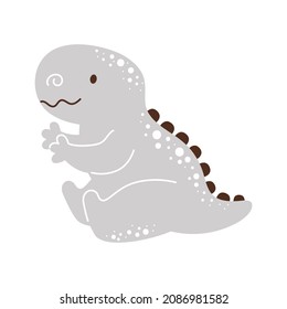 Cute grey dinosaur in scandinavian style. Funny cartoon dino for kids cards, baby shower, t-shirt, birthday invitation, house interior. Bohemian childish vector illustration.