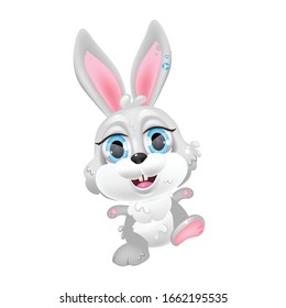 Cute grey Easter bunny kawaii cartoon vector character. Spring holiday symbol. Adorable and funny animal smiling isolated sticker, patch. Anime baby hare, happy rabbit emoji on white background