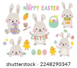 Cute grey Easter bunny rabbits with baby chicks and Easter eggs vector illustration.