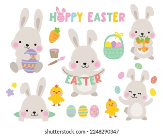 Cute grey Easter bunny rabbits with baby chicks and Easter eggs vector illustration.