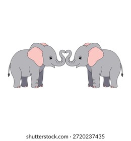 Cute Grey Elephant Couple Vector with Trunk Heart Shape for Valentine's Day
