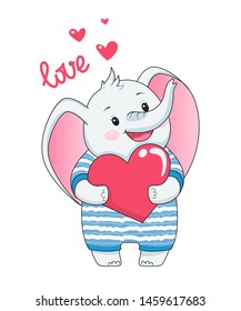 Cute grey elephant with heart.. Design element for baby shower card, scrapbooking, invitation, nursery, poster. Isolated on white background. Vector illusrtation