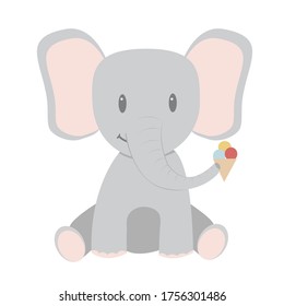 Cute grey elephant with ice cream. Cartoon style. Good for kids. Vector