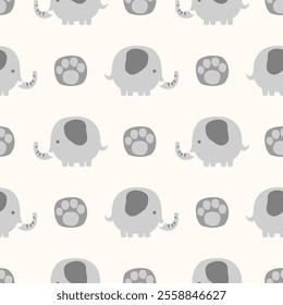 Cute grey elephants on a beige background seamless pattern