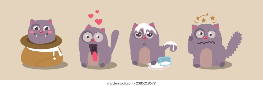 Cute Grey Fat Kitten Engaged in Different Activity Vector Set