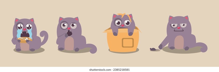 Cute Grey Fat Kitten Engaged in Different Activity Vector Set