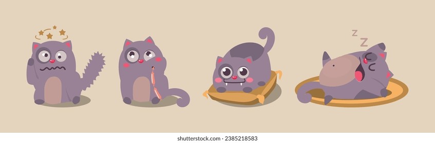 Cute Grey Fat Kitten Engaged in Different Activity Vector Set