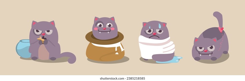 Cute Grey Fat Kitten Engaged in Different Activity Vector Set