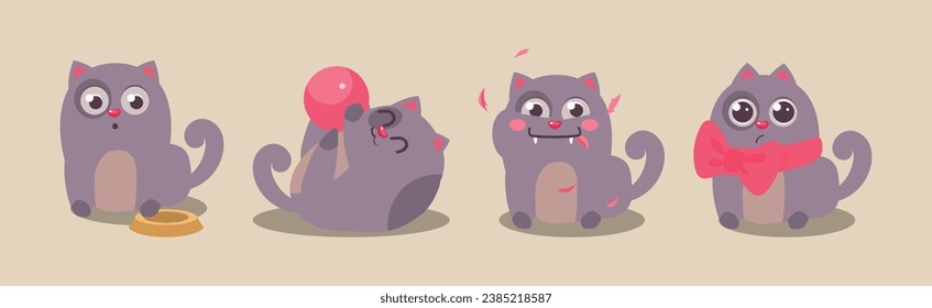 Cute Grey Fat Kitten Engaged in Different Activity Vector Set