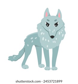 Lindo lobo del bosque gris. Fauna forestal silvestre, Ilustración vectorial de dibujos animados de animales peludos