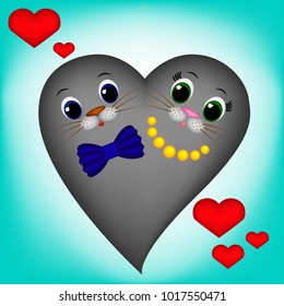 Cute grey Fur seal-Heart on blue background, girl and boy