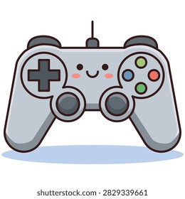 Cute grey gamepad controller character with a happy smiling face and pink cheeks. Perfect for gaming and entertainment themes.