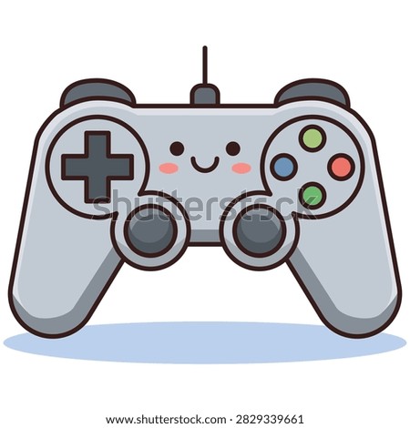 Cute grey gamepad controller character with a happy smiling face and pink cheeks. Perfect for gaming and entertainment themes.