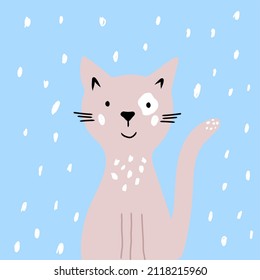 Gato abstracto con mano gris, ilustración infantil para afiches, papel pintado, invitación a ducha de bebé, tarjeta de saludo, papel infantil para camisetas, diseño de tela, interior de vivero, carácter gatito amable. 