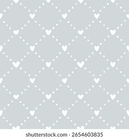 Cute grey heart seamless pattern. Vector white hand drawn love hearts and diagonal dotted lines, rhombus texture on silver background. Valentines day wallpaper, trendy abstract minimal print, fabric.