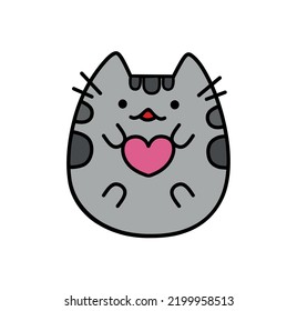 Cute grey kitten with pink heart.Funny vector cartoon meow cat drawing illustration.T shirt kitty print design.Nice pet silhouette.Kawaii animal for kids.Vinyl wall sticker decal.I love cats icon.