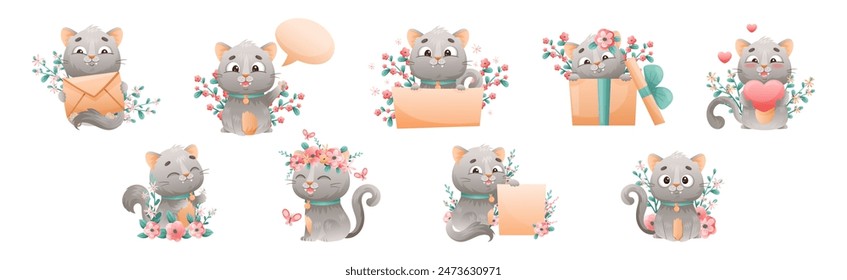 Cute Grey Kitten with Pretty Snout with Flowers Vector Set