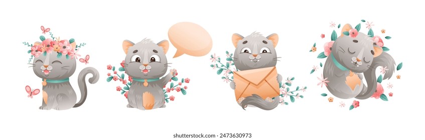 Cute Grey Kitten with Pretty Snout with Flowers Vector Set