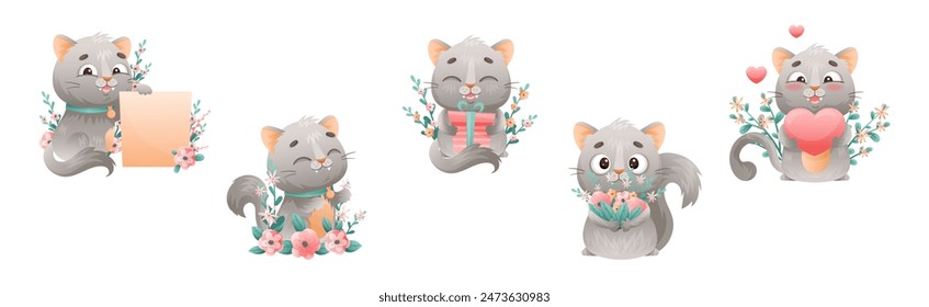 Cute Grey Kitten with Pretty Snout with Flowers Vector Set